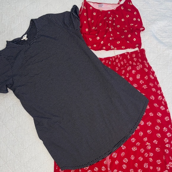 Red Floral Two-Piece Set and Striped Dress - Picture 1 of 8